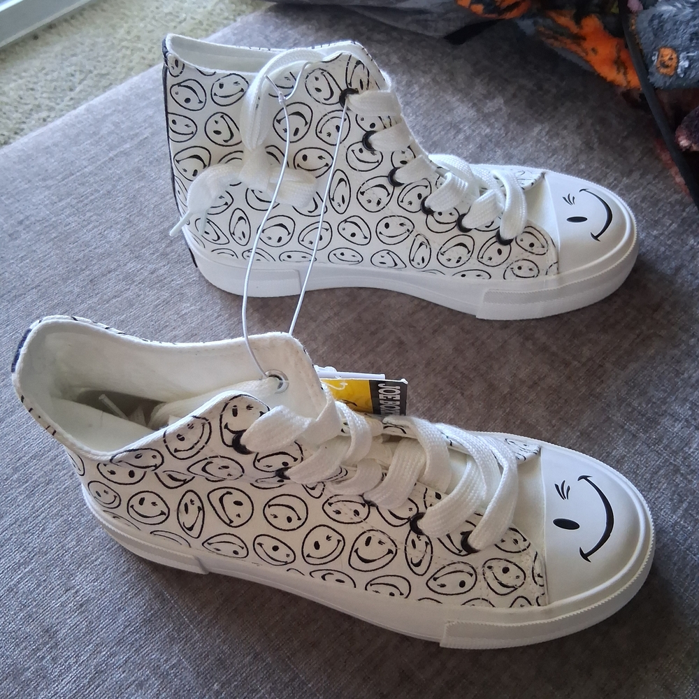 Joe Boxer White High-Top Sneakers with Black Smiley Print